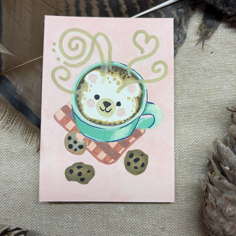 ACEO Original By AmberInWatercolor Cute Whimsical Bear Coffee Tea Cookie