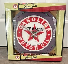 NIB Texaco Gasoline Motor Oil Wall Hanging Glass Clock 13.75”
