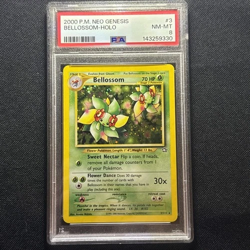 2000 Pokemon Card Neo Genesis BELLOSSOM Holo 3/111, PSA 8 NM-MT SWIRL