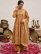 Indian Women Yellow Pure Cotton Floral Printed Kurta With Palazzo And Dupatta