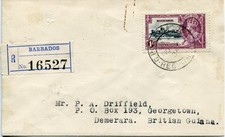 1935 Silver Jubilee Barbados 1/- on a registered cover to British Guiana
