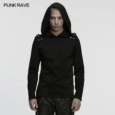 Punk Rave Men Black Gothic Cyberpunk Casual Hooded T-Shirt Slim Fit Tops