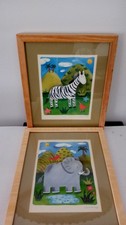 Two Sophie's Jungle Prints Zebra Elephant Nursery Decor Wall Art Signed