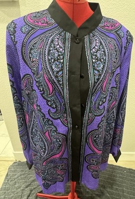 Bob Mackie Wearable Art Blouse Paisley Purple Black Button Front Top XL Boho