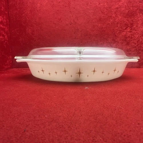 ✨Vintage Find✨ Pyrex 1.5 Qt Split Dish With Lid Gold Starburst Constellation