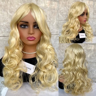Long Wavy Gold Blonde #613 Human Hair Blend Heat Ok Wigs  display picture 1