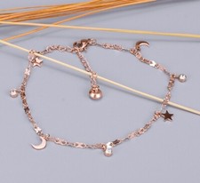 Women Girl Titanium Stainless Steel CZ Moon Star Anklet Foot Bracelet 8-10"