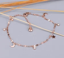 Women Girl Titanium Stainless Steel CZ Moon Star Anklet Foot Bracelet 8-10"