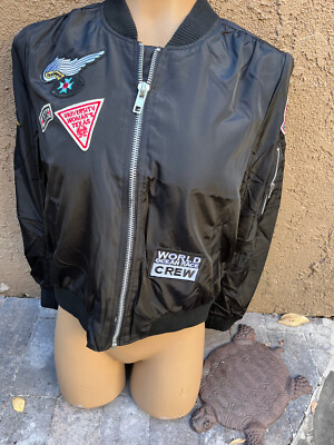 POETRY BLACK Polyester Bomber Jacket w/ Patches - Women's Sz S - NEW