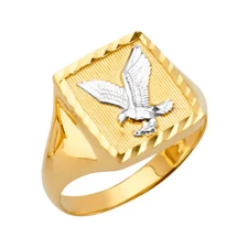 Ioka -14K Solid Two Tone Gold Round Cut CZ Symbol of Power Eagle Men's Ring