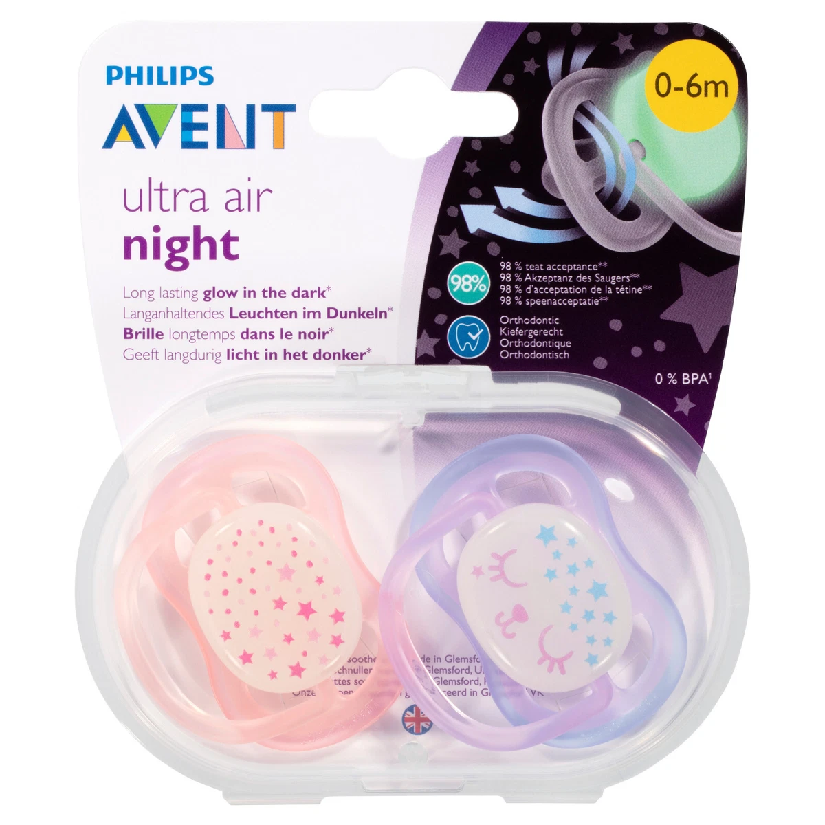 Avent Soother Night Time 0-6 Months Glow In The Dark Button Easy to Find 2  Pack