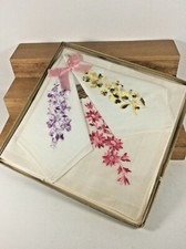 NOS Set of 3 1960's Embroidered Cotton Blend Hankies Floral Switzerland