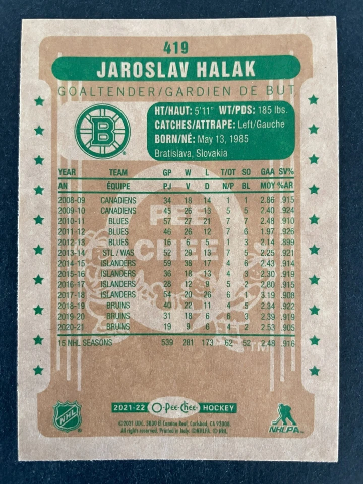 Jaroslav HALAK 2021-22 OPC O-Pee-Chee Retro Parallel #419 Boston Bruins - Image 2 of 2