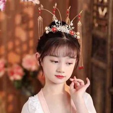 Lady Girl Chinese Hanfu Hair Crown Tassel Stick Hairpin Hair Bun Headdress Decor