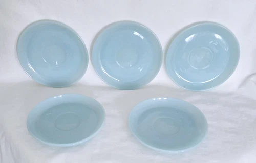 Set Of 5 Vintage Fire King Oven Ware Delphite Blue Replacement  Saucers 