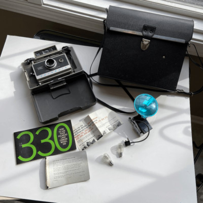 Vintage Polaroid 330 Land Camera Bundle w/ Case, Flash, Bulbs, Manuals