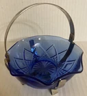 VINTAGE HAZEL ATLAS COBALT BLUE GLASS & METAL FANCY NUT/CANDY DISH