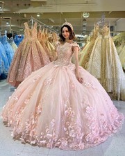 Blush Pink 3D Floral wedding Dresses Shiny Tulle Lace-up Off Shoulder Princess