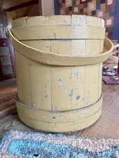 Antique Wooden Bucket Firkin Sugar old yellow 12” High Wool Whale New England