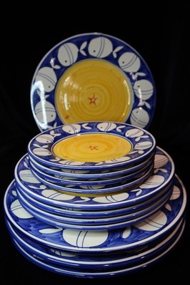 Portugal White Fish on Cobalt Blue Border Yellow Center 12 Pieces Hand Painted