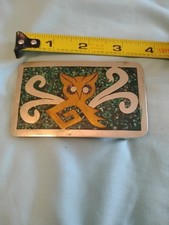 Vintage Mexico Alpaca Silver Copper Turquoise Inlay Belt Buckle Owl Taxco