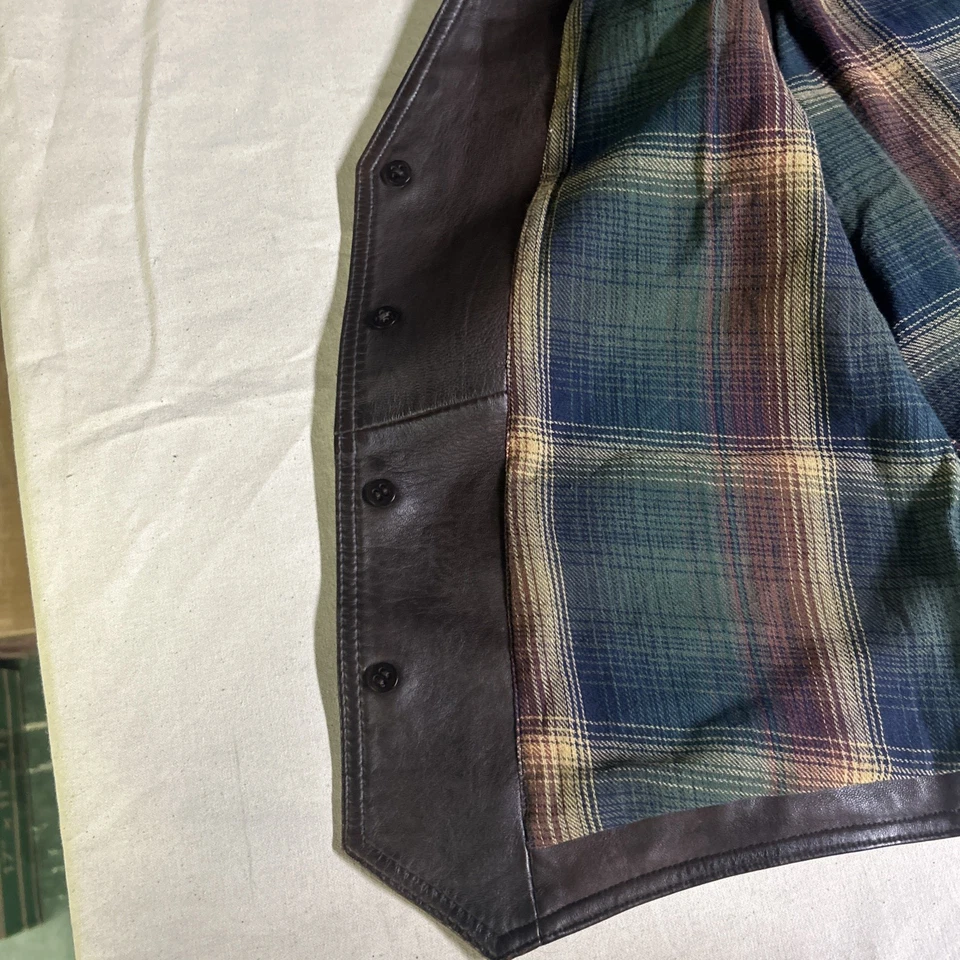 Chaleco de Cuero Orvis Para Hombres M Marrón Western Ranch Chaleco 4 Botones Forro a Cuadros Foto 4 de 4