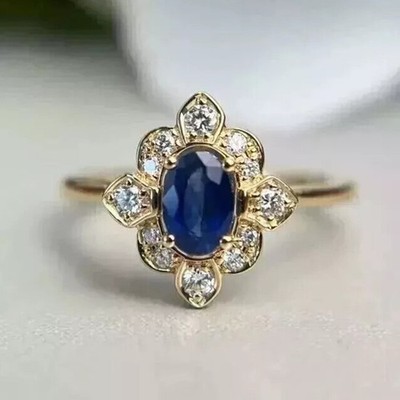 2Ct Oval Blue Sapphire 14k Yellow Gold Finish Wedding Engagement Halo Ring Women