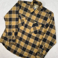 Dixxon Shirt Mens Large Tan Black Plaid Button Snap Five Clicks Out Flannel