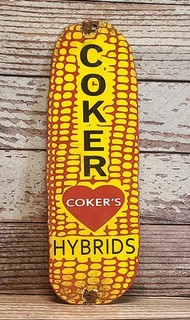Vintage Coker Hybrid Corn Seed Cob Shaped Porcelain Metal Advertising Sign