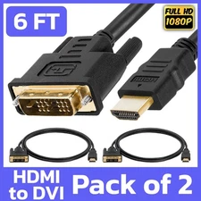 2 Pack DVI-D to HDMI Cable 6 Feet High Speed Gold Plated Adapter for Monitor
