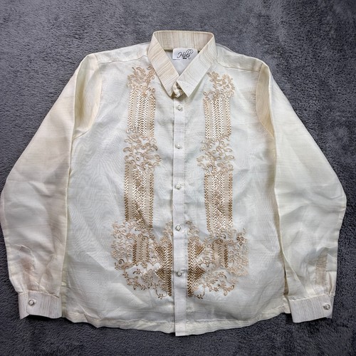 Hibla Barong Tagalog Filipino Formal Button Up Shirt Mens M/L Gold Embroidery