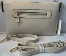 Women’s Beige clutch wristlet or shoulder bag beige Zip Closure Gold accents NWT