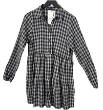 Zara Plaid Babydoll Shirt Dress Tiered Size Small Black White Long Sleeves NEW