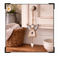 Primitive Hanging Wood Angel 10" Rusted Metal Wings Heart Farmhouse Ornament