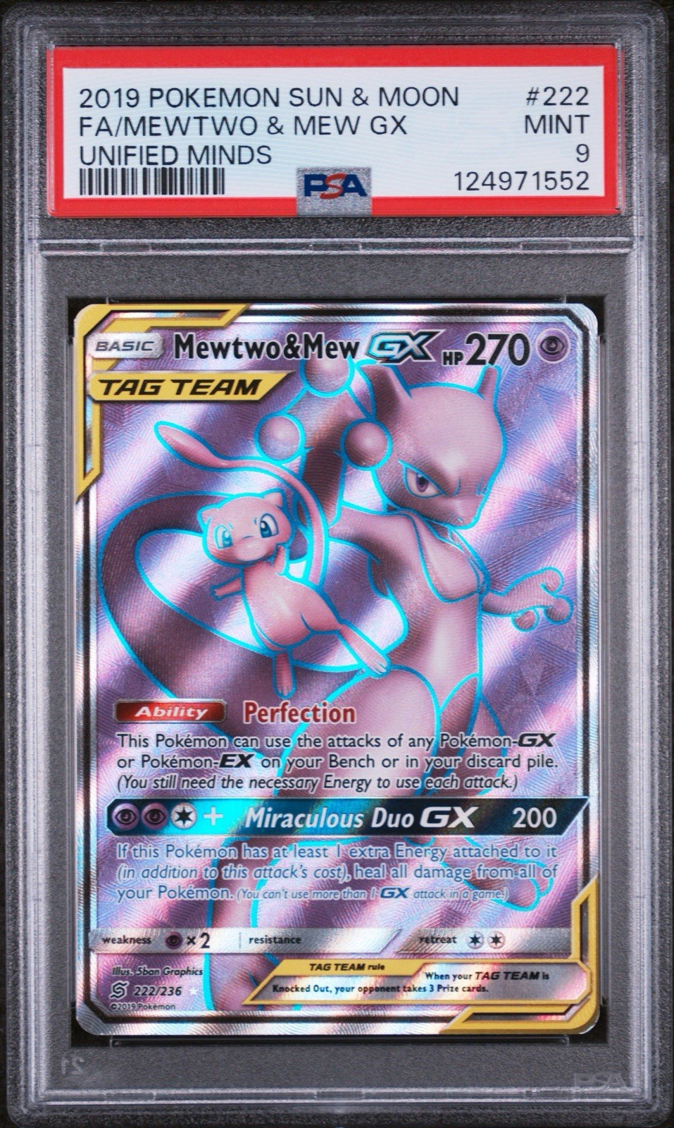 2019 POKEMON SUN & MOON UNIFIED MINDS #222 FA/MEWTWO & MEW GX PSA 9