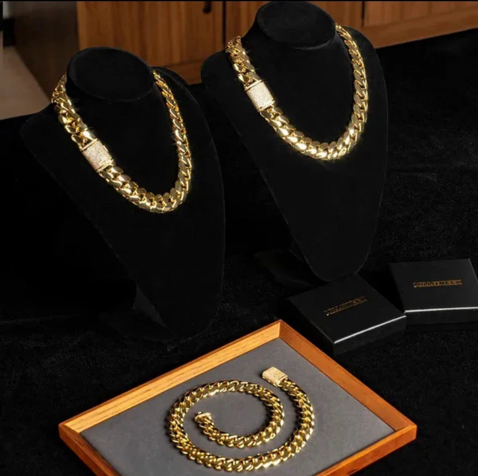 Cadena de eslabones cubanos Miami chapada en oro de 14 k de 16-24" pulgadas 10 mm cierre de moissanita Foto 3 de 4