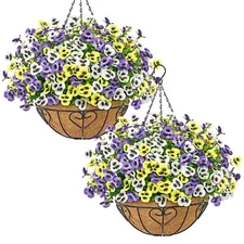 2Pack Artificial Hanging Plants Flowers Basket for Outdoor Outside Spring Sum...