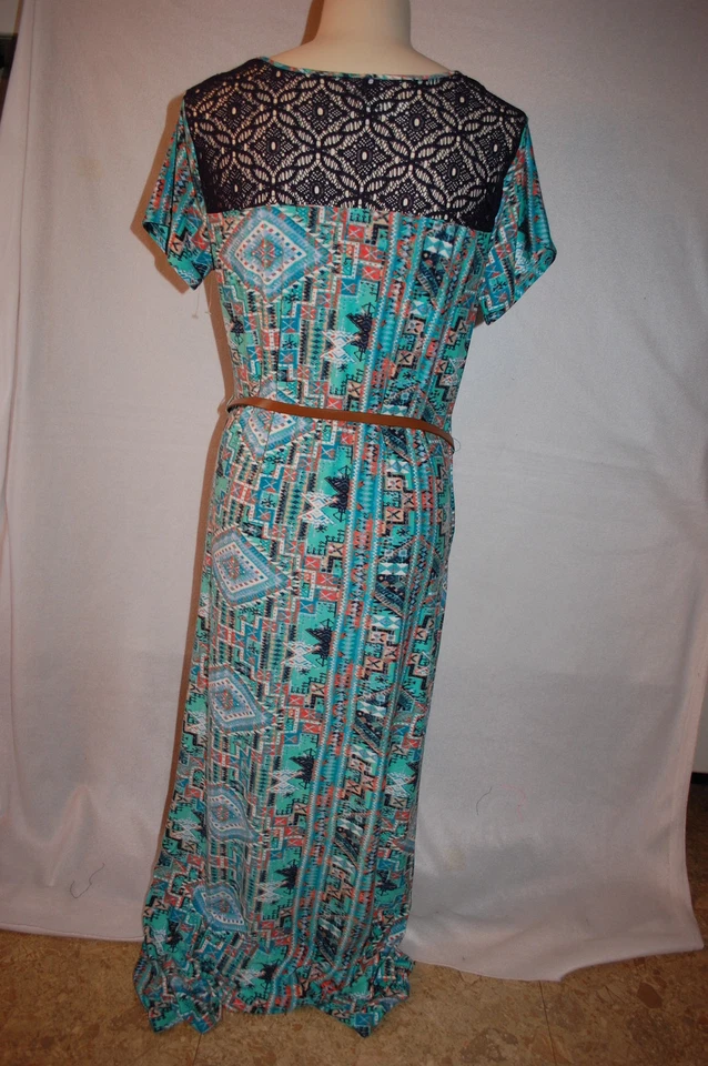 Женщин S/S макси платье AZTEC печати кружева панели многоцветный ремень S M L XL 2 X 3 X - Изображение 2 из 3