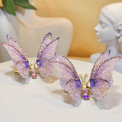 Retro Mesh Big Butterfly Ribbon Hair Clips Gradient Moving Wings Pearl Hairpin