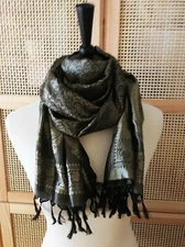 100% Silk Scarf Woven Bronze Black Olive Paisley India 21x36 Fringe Lightweight