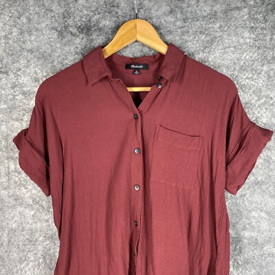 Madewell Shirt Women Extra Small Red Purple Maroon Burgundy Oversize Cuff Pocket