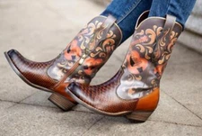 Women's Leisure punk Guitar pattern Comfortable block heel Mid-Calf boots shoes