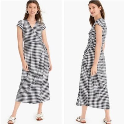 j crew gingham midi dress J Crew Gingham Wrap Midi Dress Navy White XS Tall EUC CG