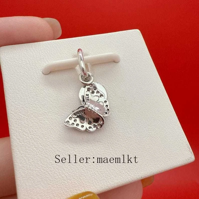 Dije doble colgante de plata de ley 925 mariposa azul y cita, encanto de mariposa Foto 2 de 3
