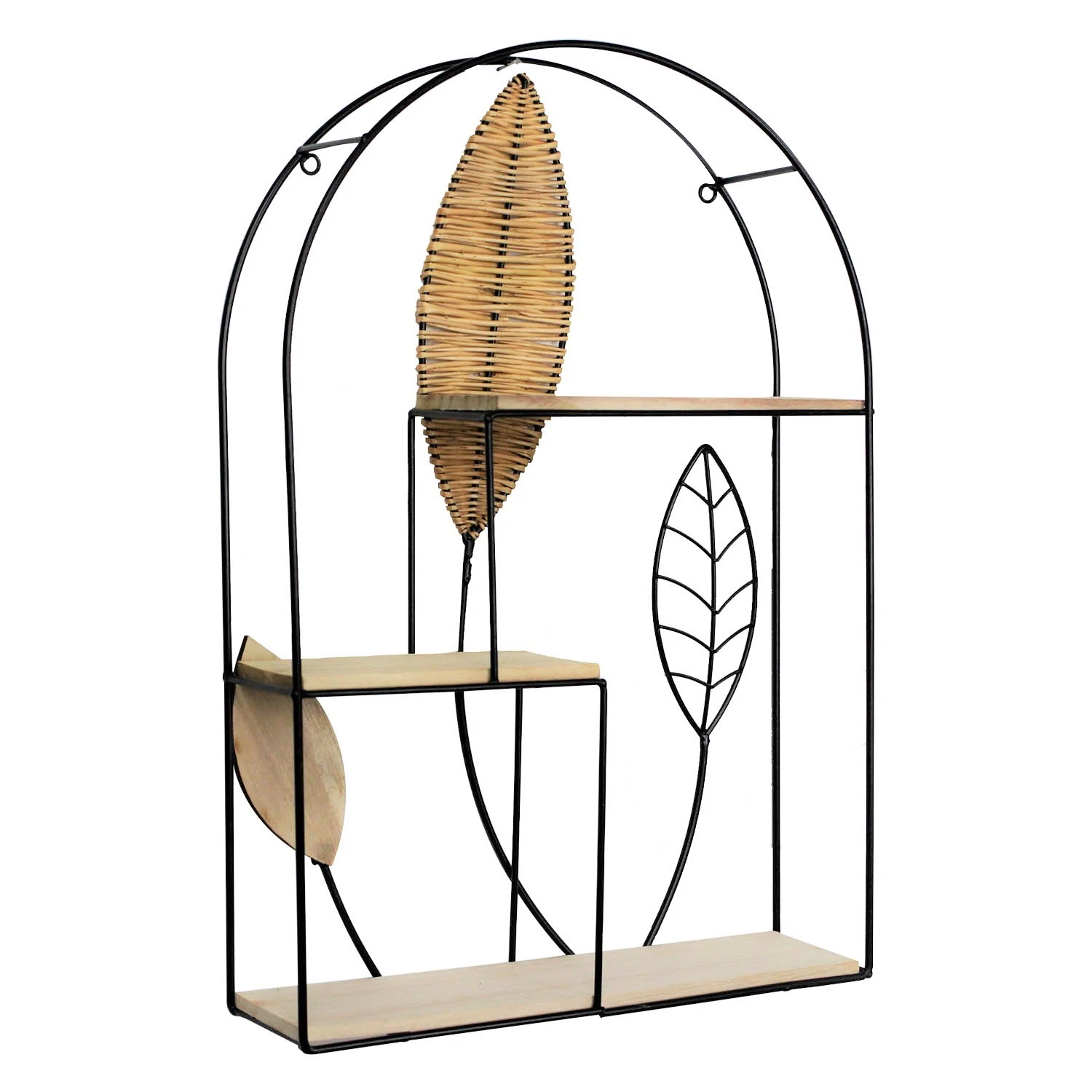 Matal Frame Wall Hanging Mounted Shelf Rattan Leaf Design 3 Tier Home Storage