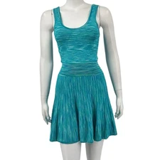 Torn by Ronny Kobo Dress Womens Small Fit & Flare Skater Mini Blue Ribbed Knit
