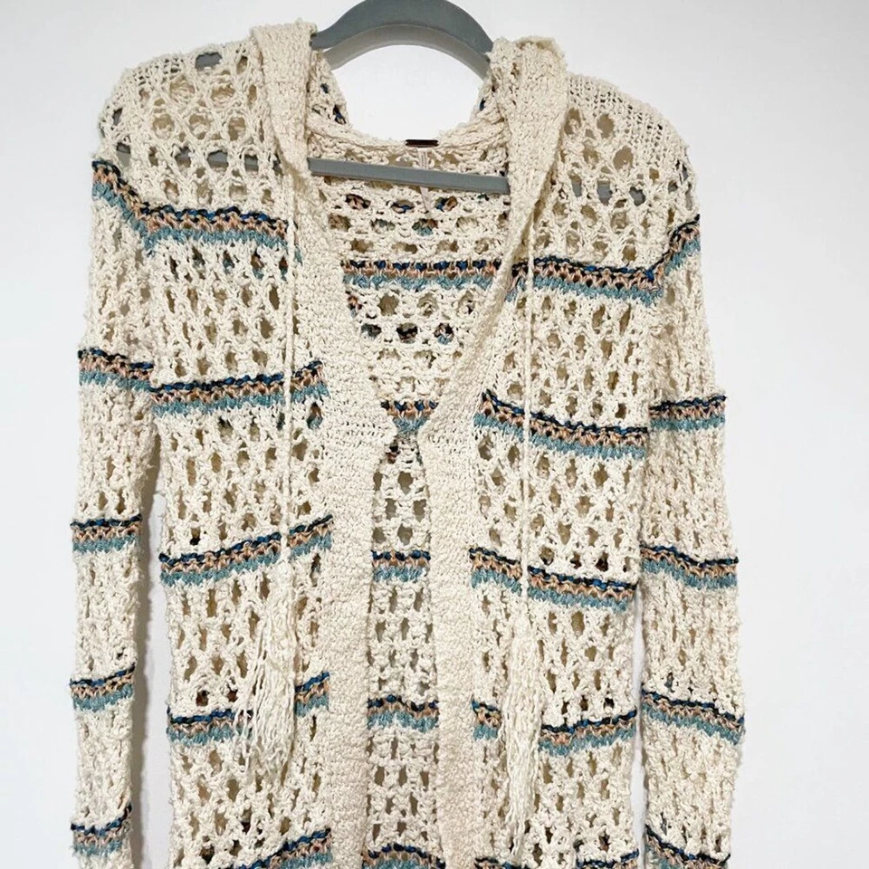 Cárdigan con capucha FP para mujer bloqueador solar azul marfil tejido abierto ganchillo manga larga XS Foto 3 de 4
