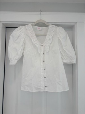Savida Lace Collar Short Sleeve White Shirt With Embellished Buttons Size M/40