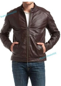 Mens Brown Lambskin Leather Biker Jacket Casual Streetwear Motorcycle Style Fits