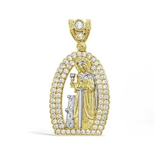 14K Yellow White Gold Saint Barbara Pendant CZ Religious Mens Charm 1.5 inch
